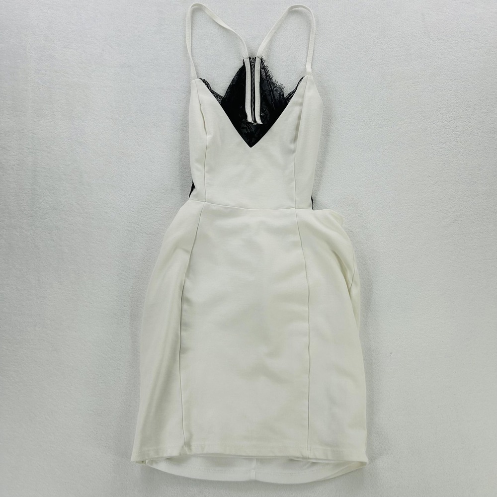 LuLus Dress Womens Small White Black Lace Bodycon Mini Spaghetti Strap Party